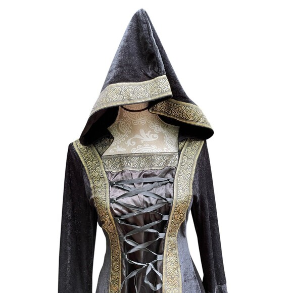 Medieval Renaissance Hooded Gown Black Velour Gold Trim Lace Up Bodice Size M - Picture 9 of 13